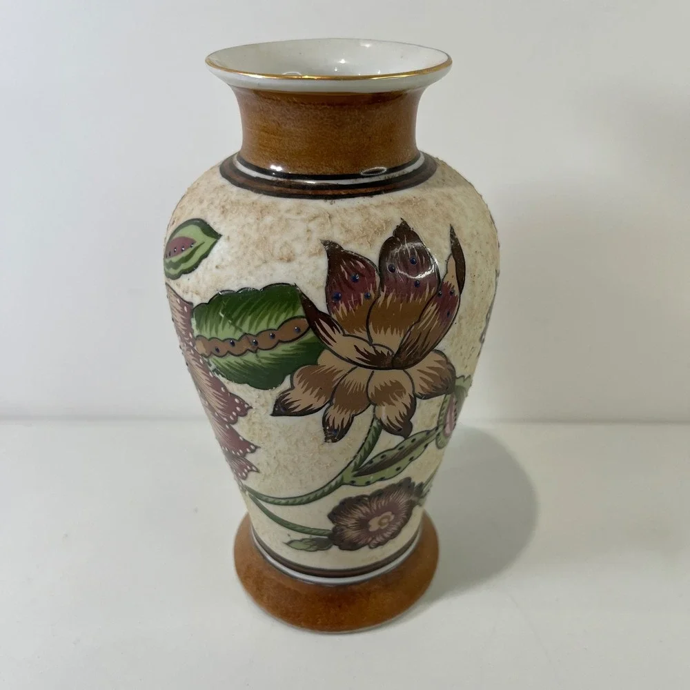 Vintage Ceramic Floral Vase Hand Painted Earthy Tones Boho Decor Art Pottery MCM